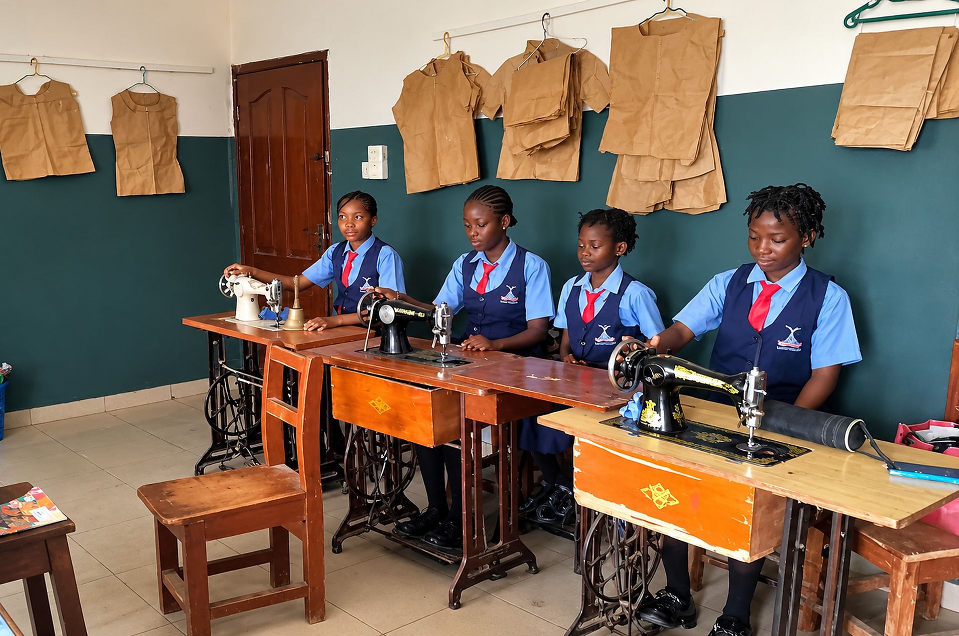 Students measuring and sewing in the garment making laboratory
